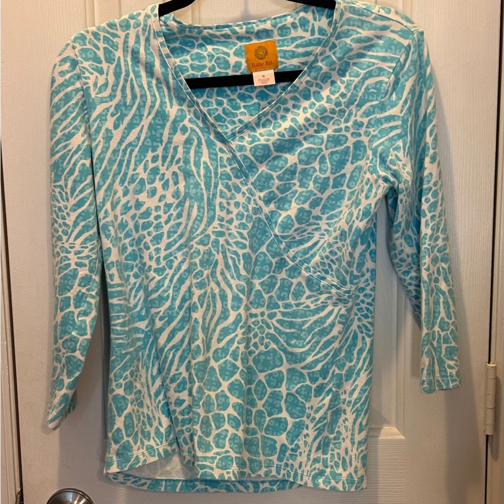 Ruby Rd. Blue and White asymmetrical neck Size Small